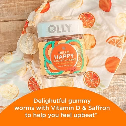 OLLY Hello Happy Gummy Worms, Mood Balance Support, Vitamin D, Saffron, Adult Chewable Supplement, Tropical Zing - 60 Count thumbnail 3