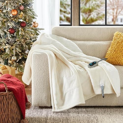 Beautyrest Heated Blanket, Electric Throw Blanket, Soft, Warm, Reversible Plush - Sherpa Heating Blanket Throw, 3 Heat Settings, 2 hr Auto Shut Off, Machine Washable, Oversized 60 in x 70 in, Ivory thumbnail 4