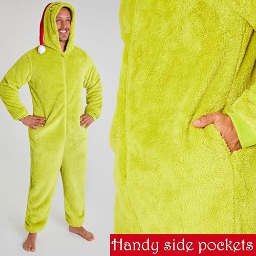 The Grinch One Piece Pajamas for Women, Fleece Jumpsuit With Santa Hat, for Kids, Teens, Adults thumbnail 3