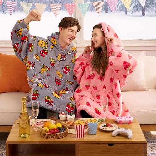 Giggling Getup Wearable Blanket Hoodie for Adults Gifts for Teen Girls Sister Women Sherpa Fleece Printed Hooded Blanket Sweatshirt Warm Cozy with Pocket & Sleeves Strawberry thumbnail 2