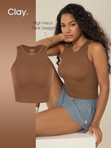 ODODOS 3-Pack Seamless Crop Tank for Women Ribbed Soft High Neck Cropped Tops thumbnail 4