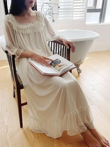 Airvid Women's Lace Vintage Victorian Nightgown Long Sleeve Sleepwear Nightdress thumbnail 4