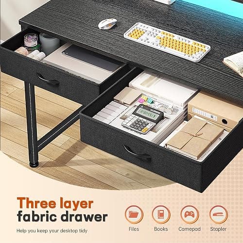DurayLoly 31.5Inch Office Computer Desk with LED Lights & 2 Fabric Drawers, Gaming Desk with Side Pocket & Ergonomic Monitor Stand, Small Space Study Writing Table with Anti-Tip Design,Black thumbnail 4