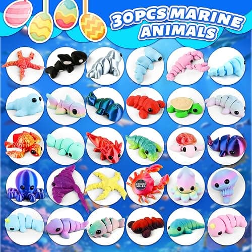 Cybermaker 30 Pcs 3D Printed Ocean Animals Set, Mini Animals Easter Gifts - Cute Articulated Flexible Figurines Fidget Toys for Easter Basket Stuffers Party Favors Pets Office Home Decor thumbnail 4