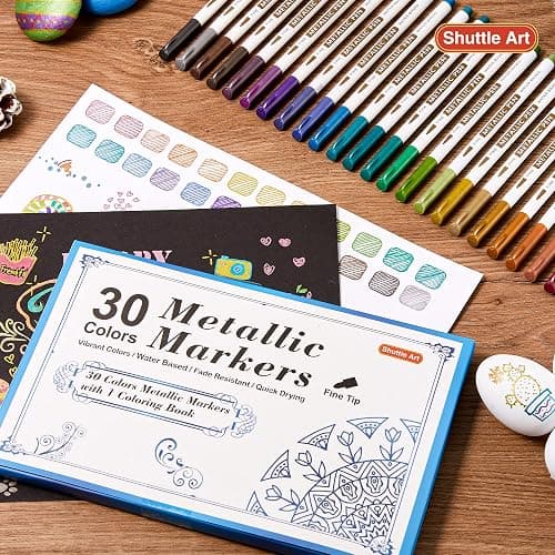 Shuttle Art Metallic Marker Pens, 30 Colors Metallic Paint Markers with 1 Coloring Book Fine Point for DIY Card, Calligraphy, Art and Crafting Projects, Works Great on Black Paper, Scrapbooks, Rock thumbnail 9