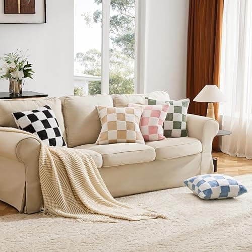 Ohocut Checkered Jacquard Shag Throw Pillow Covers, Pack of 2 Fluffy Blue Cute Decorative Aesthetic Soft Checkered Throw Pillow Cases for Couch Sofa Bedroom,18x18 Inch thumbnail 5