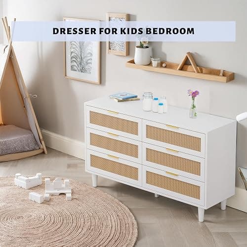 NTYUNRR 51.18" Rattan Dresser for Bedroom, Mid Century 6 Drawer Dressers, Wooden Dresser Chest of Drawers, White Modern Closet Boho Dressers Storage Cabinet, for Living Room Hallway Entryway, M thumbnail 7
