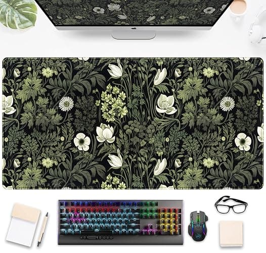 Dark Green Floral Plants XXL Gaming Mousepad & Desk Pad - Nature Leaf Flower Laptop Keyboard Mat 31.5 x 15.75 - Image 1