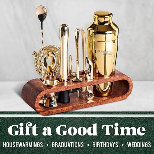 Mixology Bartender Kit: 10-Piece Bar Tool Set with Mahogany Stand | Perfect Home Bartending Kit and Martini Cocktail Shaker Set For a Perfect Drink Mixing Experience | Fun Housewarming Gift (Gold) - Gold thumbnail 7