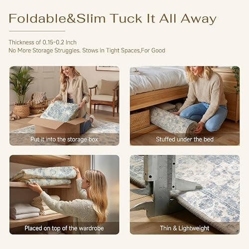 WondRg 8x10 Washable Neutral Area Rug Blue Vintage Living Room Bedroom Carpet Non-Slip Soft Low Pile Farmhouse Indoor Large Throw Rug for Dining Room Office thumbnail 7