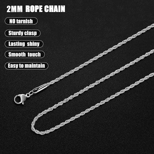 Fiusem 3mm Rope Chain Necklace for Men, Silver Tone Mens Chain Necklace, Stainless Steel Necklace Chain for Men Women, Jewelry Gift thumbnail 5