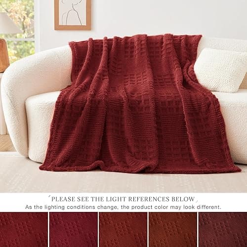 EXQ Home Fleece Throw Blanket for Couch or Bed - 3D Waffle Patchwork Pattern Jacquard Decorative Blankets - Cozy Soft Lightweight Fuzzy Flannel Blanket Suitable for All Seasons(50"×60",Red) thumbnail 6
