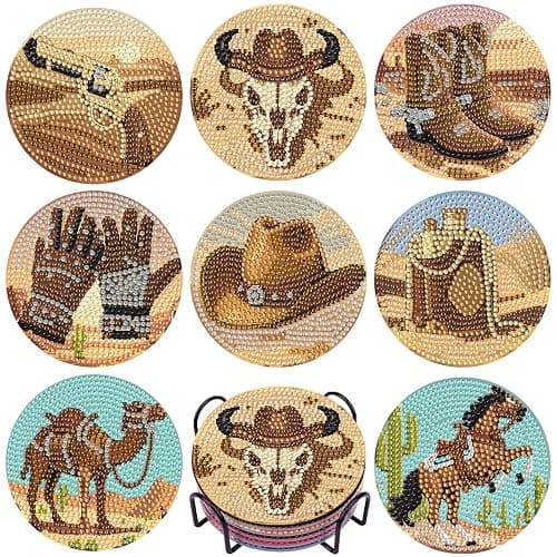 DOTSOPS 8 Pcs Cowboy Diamond Painting Coasters with Holder for Beginners | 5D Diamond Art Kits for Adults,Round Full Drill Gem Dots,Craft Arts DIY Supplies Party Home Decor 4 in - Image 1