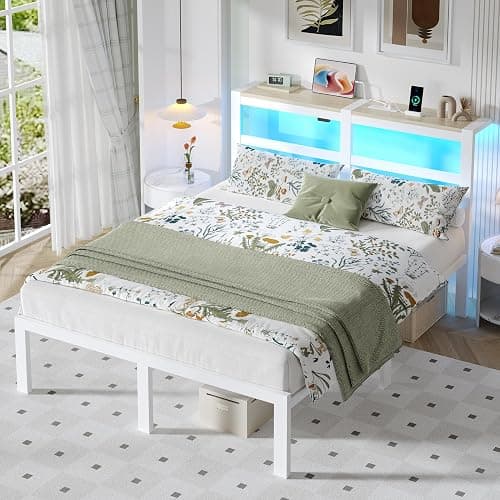 ChicZhiNest Full White Bed Frames with Charging Station and LED Lights, Full Platform Bed with Heavy Duty Metal Slats, Storage Headboard, Under Bed Storage, No Box Spring Needed, Noise Free thumbnail 6