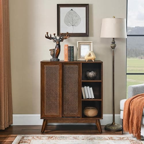 LKTART Mid Century Modern Storage Cabinet with Rattan Sliding Doors and Open Shelves, Boho Style Wooden Sideboard Buffet for Living Room,Dark Walnut thumbnail 2