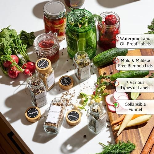 Set of 24 Glass Spice Jars with Various Labels, Bamboo Shaker Lids & Funnel, Kitchen Storage Jars with Airtight Lid, Spices & Seasonings Sets Organizer, Spice Containers, Glass Jar Food Canister thumbnail 3