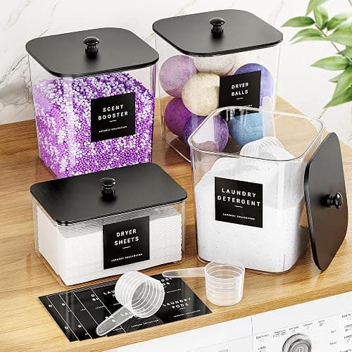 4 Pack Laundry Pods Container, Clear Laundry Room Organization Containers,Large Laundry Detergent Powder Storage Containers Black Wooden Lids & Labels, Acrylic Laundry Pods Holder for Scent Booster thumbnail 8