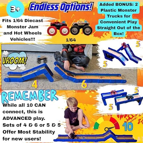 STEM Ramp Builder Set by Redi-Rampz–10 Modular Track Pieces with Adjustable Angles + 2 Monster Trucks | Build Custom Ramps, Bridges & Jumps (Ages 3+, No Batteries, Fits 1:64 Vehicles) thumbnail 4