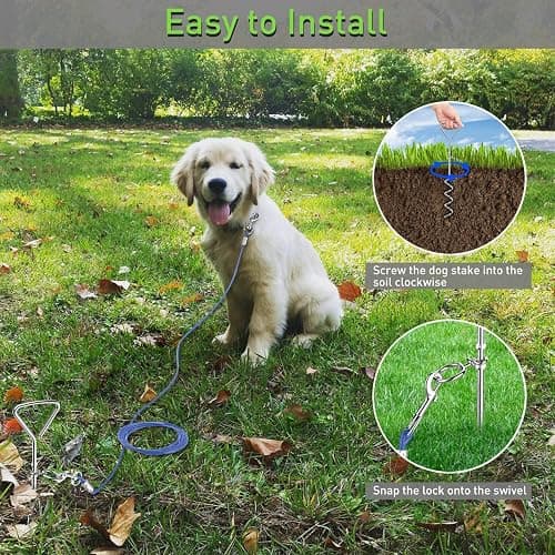 Dog Tie Out Cable and Anti Rust Spiral Stake , 30ft Outside Leash&Chain for Camping and Yard, 16'' Heavy Duty for Medium-Large Dogs Up to 125 lbs (30FT, Blue) thumbnail 6