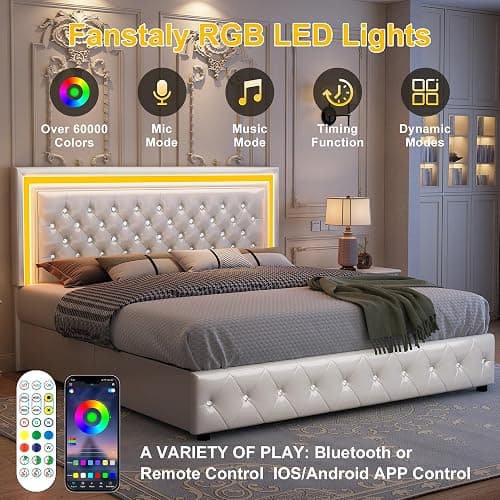GEGOFORU Queen Led Bed Frame with 4 Storage Drawers, Bed Frame with Led Lights No Box Spring Needed, 900 lbs Capacity, Easy Assembly, PU White thumbnail 2