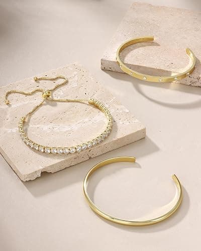 Fansilver 14K Gold Bracelets for Women Trendy Bangle Cuff Chain Bracelets Set Gold Plated Paperclip Bead Tennis Bracelet Chunky Gold Filled Bracelet Stack 3/4PCS thumbnail 6