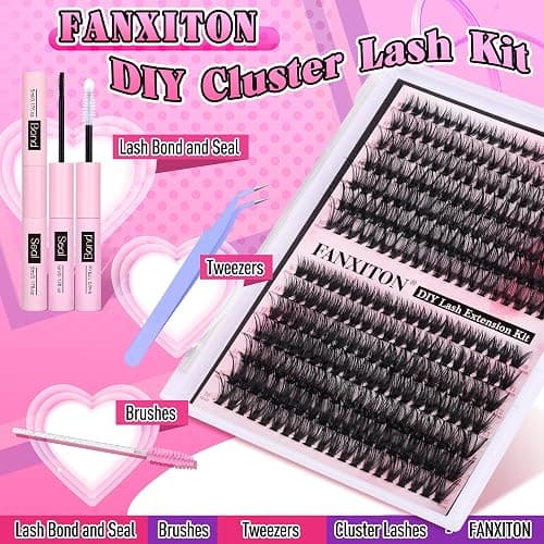 FANXITON DIY Individual Eyelash Extension Kit, Thick Volume Lash Clusters 40D+50D D Curvature, 280 Pieces Thin Band Cluster Lashes with Bond and Seal Tweezers thumbnail 2