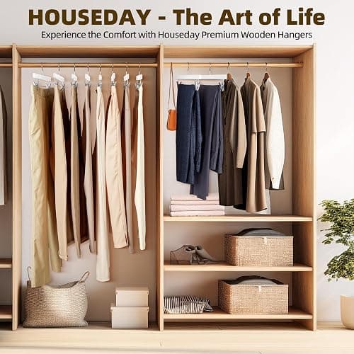 HOUSE DAY Premium Wooden Pants Hangers 25 Pack, Solid Lotus Wood Skirt Hangers with 2-Adjustable Clips, Heavy Duty & Anti Slip Wood Bottom Hanger for Slacks, Jeans, Trousers, Shorts (White) - Pack of 25 - White thumbnail 3