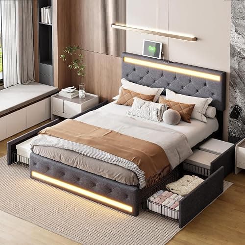 Aneutr Lit 140x200 avec sommier LED et Charge USB Type C, LIt Double rembourré avec 4 Tiroirs, Lit Coffre avec Tête de Lit Rembourrée Ajustable, Lits 2 Personnes, Facile à Assembler,Lin thumbnail 7