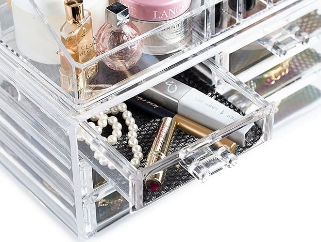 Masirs Clear Makeup Organizer – 16-Compartment Cosmetic and Jewelry Holder, 4-Drawer Vanity Storage, Elegant Clear Design for Makeup and Accessories - 4-Drawer | 16 Compartments thumbnail 6