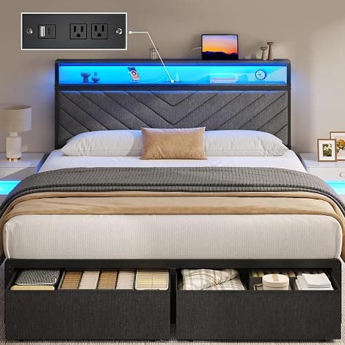 Fluest Queen Bed Frame with Storage Drawers, Upholstered Headboard with Charging Station, LED Lights, Fabric Drawers with Wheels, Under Bed Storage, No Box Spring Needed, Easy Assembly, Grey - Image 1