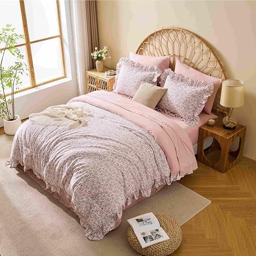 Veniklo Queen Comforter Set 7 Pieces Floral Pink Ruffle Bedding Set | Soft pre-washed fabric, shabby chic ruffle bedding, reinforcing ruffles, all season bed in a bag for bedroom, breathable thumbnail 6