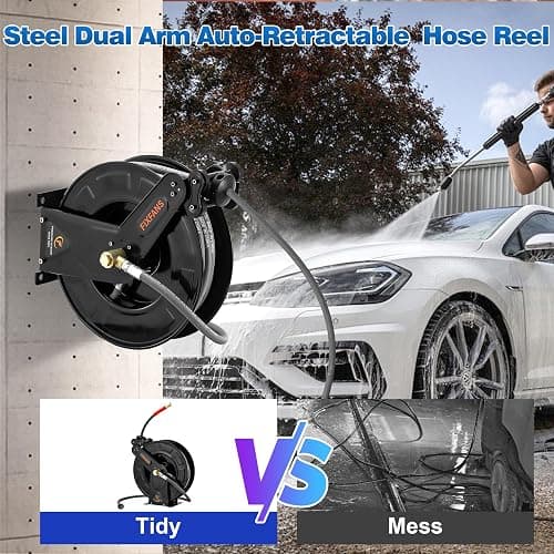 FIXFANS Pressure Washer Hose Reel with Hose for Hot and Cold Water, 3/8" X 50 FT Steel Auto-Retractable High Power Wash Hose Reel, Heavy Duty Hose Reel - Wire Braided Hose 4000 PSI, Black thumbnail 2