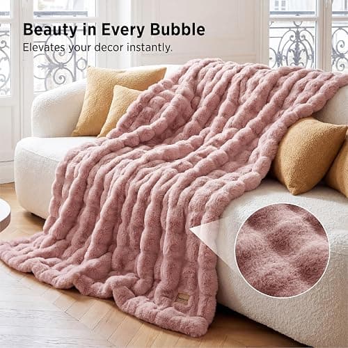 Bedsure Fluffy Bubble Faux Fur Twin Blanket, 60"x80", Dusty Rose | Soft, Fuzzy, Plush, Thick, Warm, Comfort, Couch, Bed, Sofa, Chair, Fleece, Cozy Gifts, Women, Men, Fall, Winter, Coloring thumbnail 3