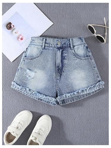Floerns Girl's Cute Bow Embroidery Jean Shorts Elastic Waist Raw Hem Ripped Denim Shorts thumbnail 4