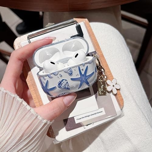 MINSCOSE Compatible with AirPods Pro 2nd/1st Generation,Cute Beautiful Seashell and Starfish Pattern Design with Keychain, Soft TPU Protective Shockproof Cover for AirPods Pro/Pro 2-Blue thumbnail 5