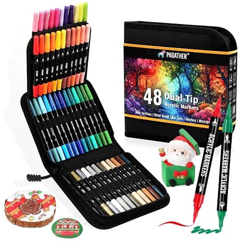 Pagather 48 Colors Acrylic Paint Markers, Dual Tip with Fine Tip and Brush Tip Pens for Stone, Wood, Calligraphy, Canvas, Ceramic, Metal, Glass, Rock Painting, DIY Crafts Art Supplies Kit - Image 1