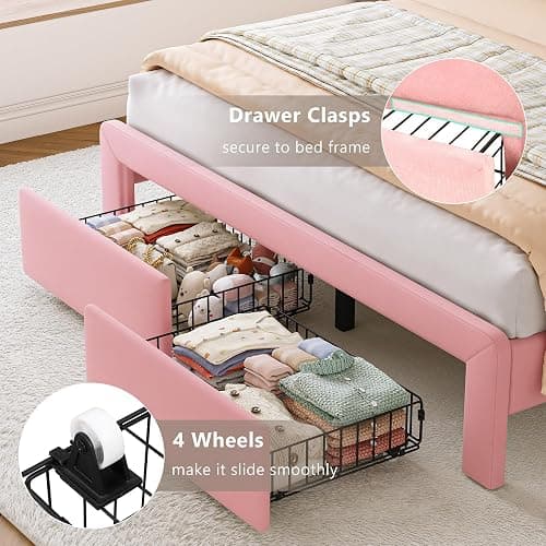 Einhomn Full Size Upholstered Bed Frame with 2 Underbed Drawers & Storage Headboard, Velvet Platform Bed with LED Lights & Charging Station, Sturdy Metal & Wood Structure, Noise-Free,Pink thumbnail 4