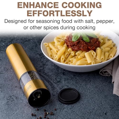 Eparé Brass Salt and Pepper Mill - Battery Operated Gold Pepper Grinder with Ceramic Burr - Automatic Steel Peppermills With LED Light - Gold or Brass Color thumbnail 5