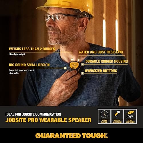 DEWALT Wearable Bluetooth Speaker (Updated Version), Clip-On Wireless Jobsite Pro Water-Resistant Portable Speaker (Non-Magnetic), Built-in Mic for Hands-Free Music/Calls, Bluetooth Speaker (Yellow) thumbnail 5