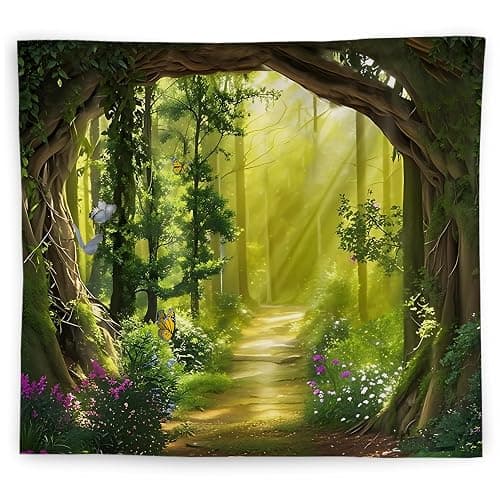 WNAGT Green Enchanted Forest Tapestry Wall Hanging, Cottage Core Decor, Magical Fantasy Sunray Woods Butterfly Botanical Wall Blanket Decor for Home Bedroom Living Room Office, 50x60 Inch - Image 1