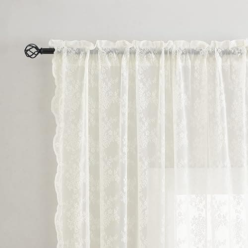 YJ YANJUN Vintage Lace Curtains 84 Inches Long-Romantic Flowers and Branch Sheer Lacy Curtains for Living Room French Door 1 Pair Rod Pocket, 52 x 84 Inch Ivory thumbnail 5