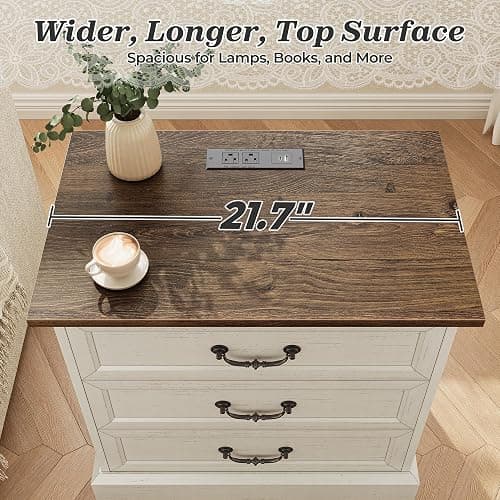 Huuger Nightstand with Charging Station, 3 Drawer Night Stand, 22 Inch Wider Side Table with Storage, Farmhouse Nightstand with Vintage Handles, Thicken Base, for Bedroom, Distressed White thumbnail 7