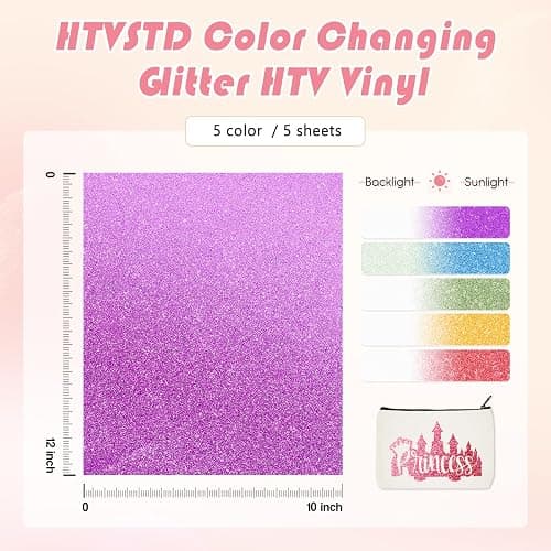 HTVSTD Color Changing Glitter HTV Vinyl - 5pcs 12'' x 10'' Glitter UV Color Changing Heat Transfer Vinyl Sunlight Sensitive Glitter Iron on Vinyl for T-Shirts - UV Glitter HTV-5 thumbnail 3