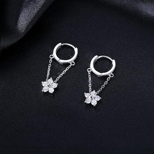 Reffeer 925 Sterling Silver Flower Chain Drop Earrings Hoop for Women Teens Huggie Hoop Dangle Earrings Chain thumbnail 4