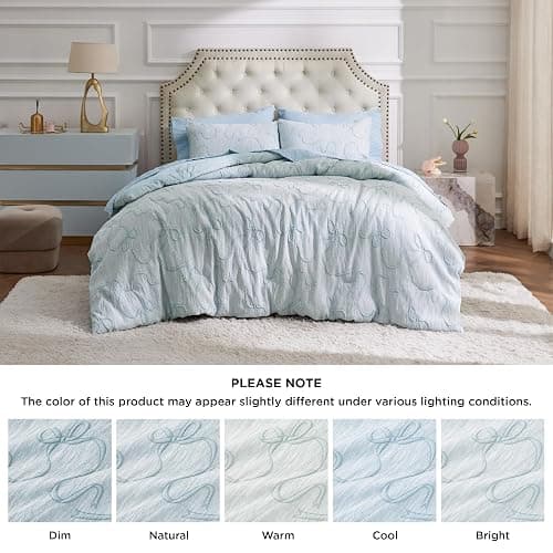 Bedsure Queen Comforter Set, Dusty Blue Boho Tufted Bed Set, 3D Puffy Jacquard Bedding Queen Size, 3 Pieces, 1 Farmhouse Shabby Chic Embroidery Comforter with Bow Pattern & 2 Pillow Cases thumbnail 8