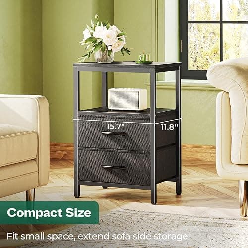 Huuger Nightstand with Charging Station, Side Table with 2 Fabric Drawers, End Table with Open Shelf, Bedside Table with USB-C Port and Outlets, Night Stand for Bedroom, Black thumbnail 6