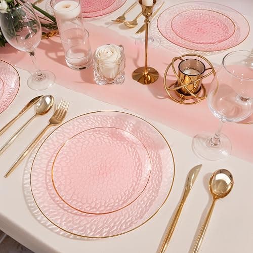 SUT 36Pcs Pink Plastic Plates, Hammered Plates Disposable Heavy Duty, Pink Disposable Plates With Gold Rim, Fancy Plastic plates Include 18 Dinner and 18 Dessert plates for Valentine's Day thumbnail 5