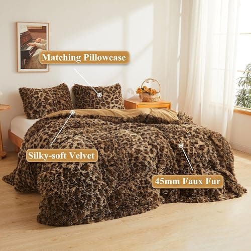 XeGe Cheetah Print Fluffy Faux Fur Duvet Cover Set, 3 Pieces Soft Plush Shaggy Fuzzy Bedding Set(1 Faux Fur Leopard Print Comforter Cover + 2 Furry Pillowcases), Zipper Closure(Queen, Brown) - Queen - Cheetah Print Brown thumbnail 2