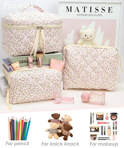 3PCS Makeup Bag SET Large Travel Quilted Zipper Soft Cosmetic Case Pouch for Women Girls Make Up,Floral Pink thumbnail 6