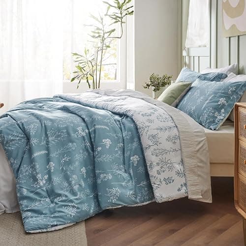 Bedsure Queen Comforter Set - Mineral Blue Bed Set, 3 Pieces Cute Floral Bedding, 1 Soft Reversible Botanical Flowers Comforter and 2 Pillow Shams thumbnail 4